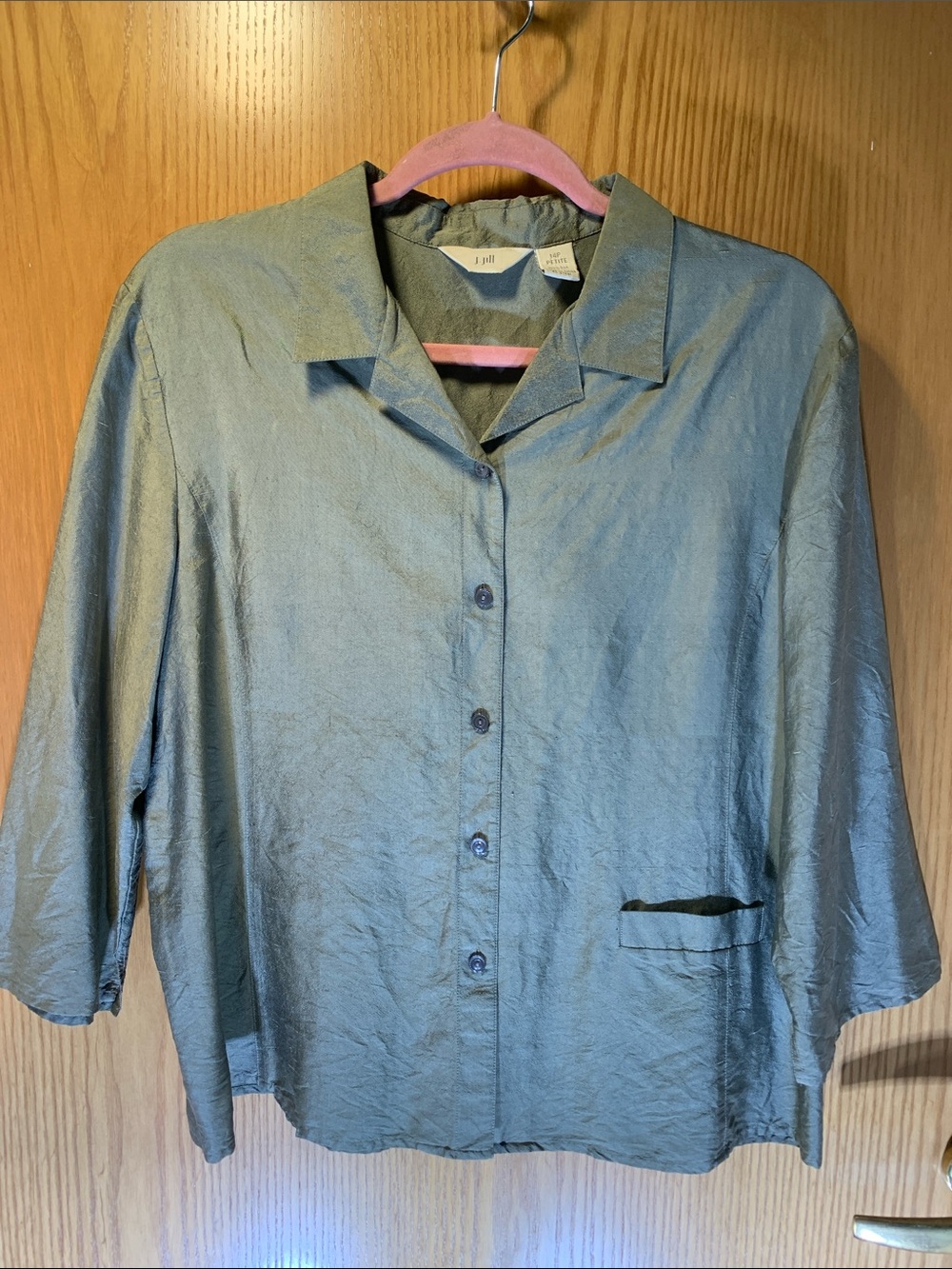 J. Jill Sage Green Button-Front Relaxed Silk-Blend Shirt - Size 14P